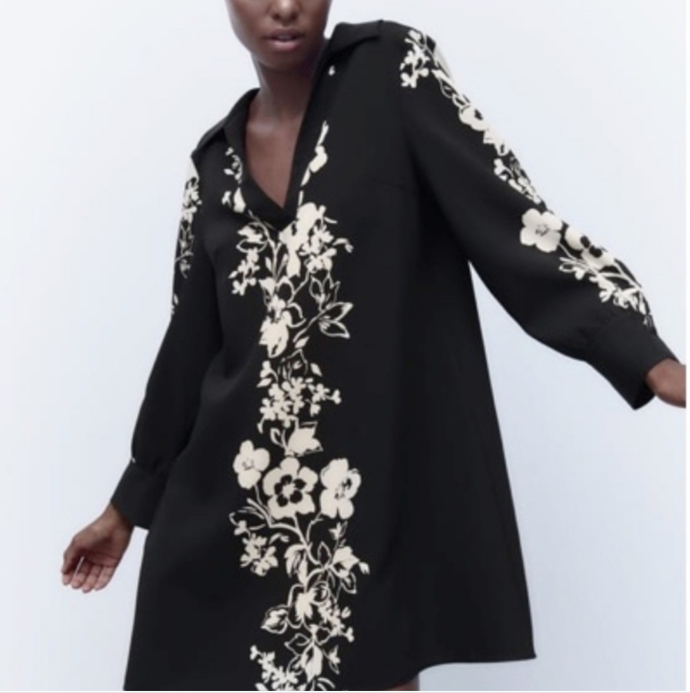 Zara Black Floral V-neck Dress Sz L